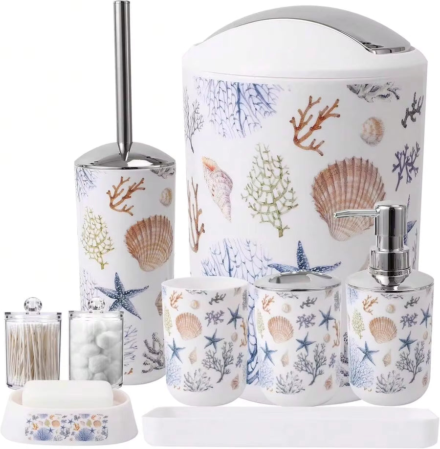 Bathroom Accessories Set 9-Piece Sea Pattern Bathroom Sets With Trash Can Bathroom Accessory Set Ocean Bathroom Accessories Set Home Bathroom Decor Summer Back To School