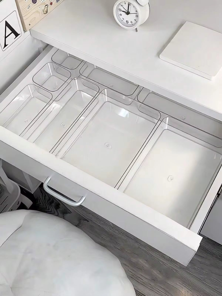 8pcs Transparent Acrylic Makeup Organizer Box With Drawers, Dividers And Compartments, Desktop Office Stationery Storage Box, Home Desk And Drawer Organizer